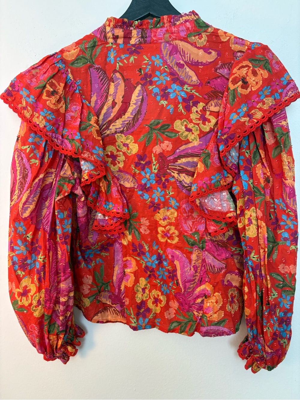 FARM Rio Women’s Red Spring Bananas L/S Crotchet Trim Blouse Size S Sku #181 - Picture 9 of 13